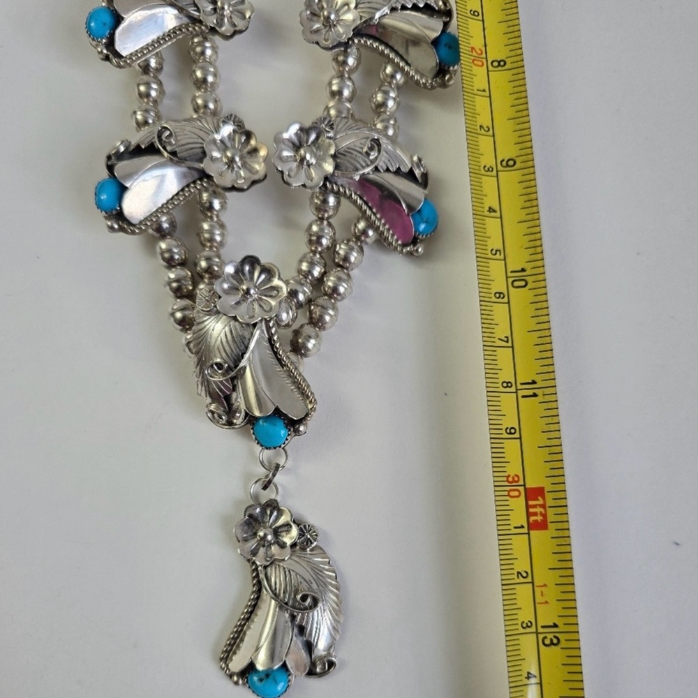Sterling Silver 925 and Turquoise Floral Squash Blossom Necklace - Picture 16 of 16